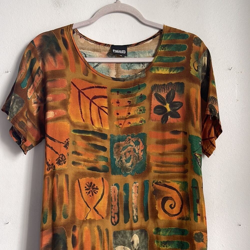 Vintage 90’s Y2K batik print tie back scoop neck shirt sleeve maxi dress sz M - Picture 2 of 9